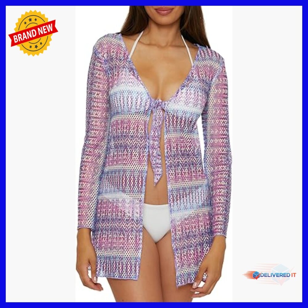 Mesh Cover Tunic Tie Front Long Sleeve Beach Cover Up Women's Medium